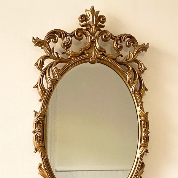 Vintage Ornate Hollywood Regency Oval Wall Mirror.