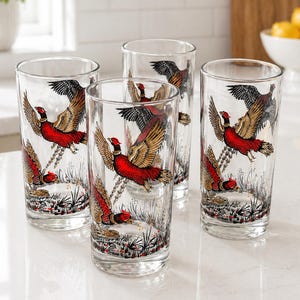 Mid Century Hazel Atlas Pheasant Tumblers.  Set of 4 Drinking Glasses. Retro Cocktail Barware.