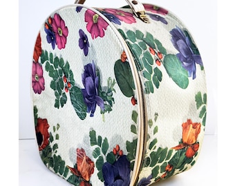 Vintage 1970s Floral Hat Box / Train Case.  Retro Botanical Luggage/Organizer.