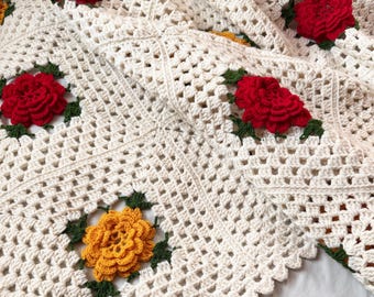 Vintage Handmade Crochet Granny Square Bedspread. 3D Roses 95" x 72".