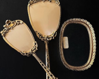 Vintage 3 Piece Vanity Set.  Stylebuilt Accessories 24K Gold Plated Mirror, Brush And Tray.
