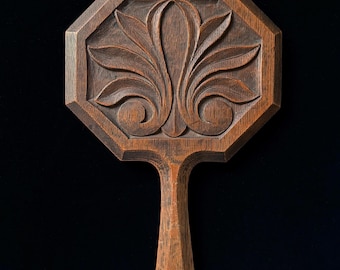 Antique Hand Carved Oak Hand Mirror. Arts & Crafts Era Beveled Mirror. Floral Palmette Relief Carving. Circa 1900 Folk Art.