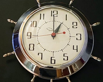 Vintage Mid Century Electric Wall Clock. Ingraham Chrome Ship Wheel Design.  Made In Canada.