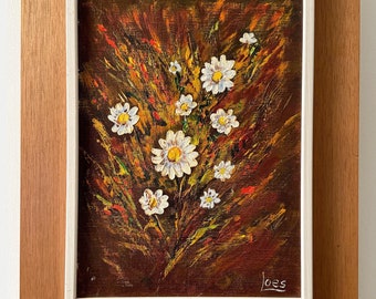 Vintage Daisy Painting. Mid Century Oil on Canvas. 1960s Signed Art.