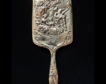 Antique Sterling Silver Miniature Hand Mirror, Repousse Courting Scene Chatelaine Accessory
