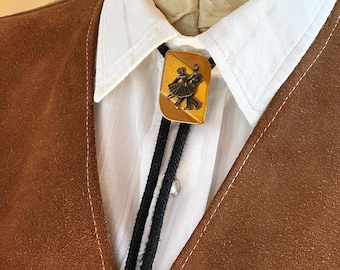 Vintage Western Square Dancing Bolo Tie. Gold Tone With Black Cord 34".