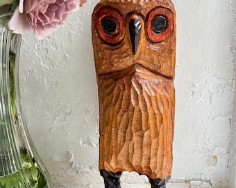 Vintage Mid-Century Hand-Carved Solid Wood Owl Figurine.