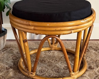 Vintage Bamboo Footstool Ottoman with Black Removable Mid Century  Rattan Boho Foot Stool, Shabby Chic Cottage