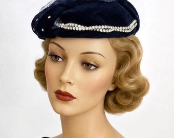 1950s Navy Velvet Calot Hat with Rhinestones & Netting (Douglas Hats Toronto)