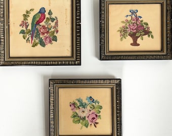 Vintage Needlepoint Trio: Parrot, Roses, Bouquet (Set of 3)