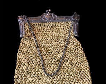 Antique Victorian Crochet Ladies Purse with Silver Plated Handles and Chain.  Late 19th/first quarter 20th century.