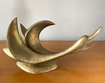 Mid Century Solid Brass Double Swan Sculpture.