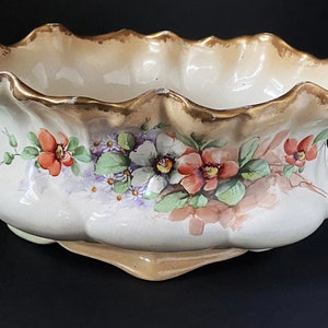 Antique Hand Painted Porcelain Footed Oval Bowl/Planter.  Signed. 1910.