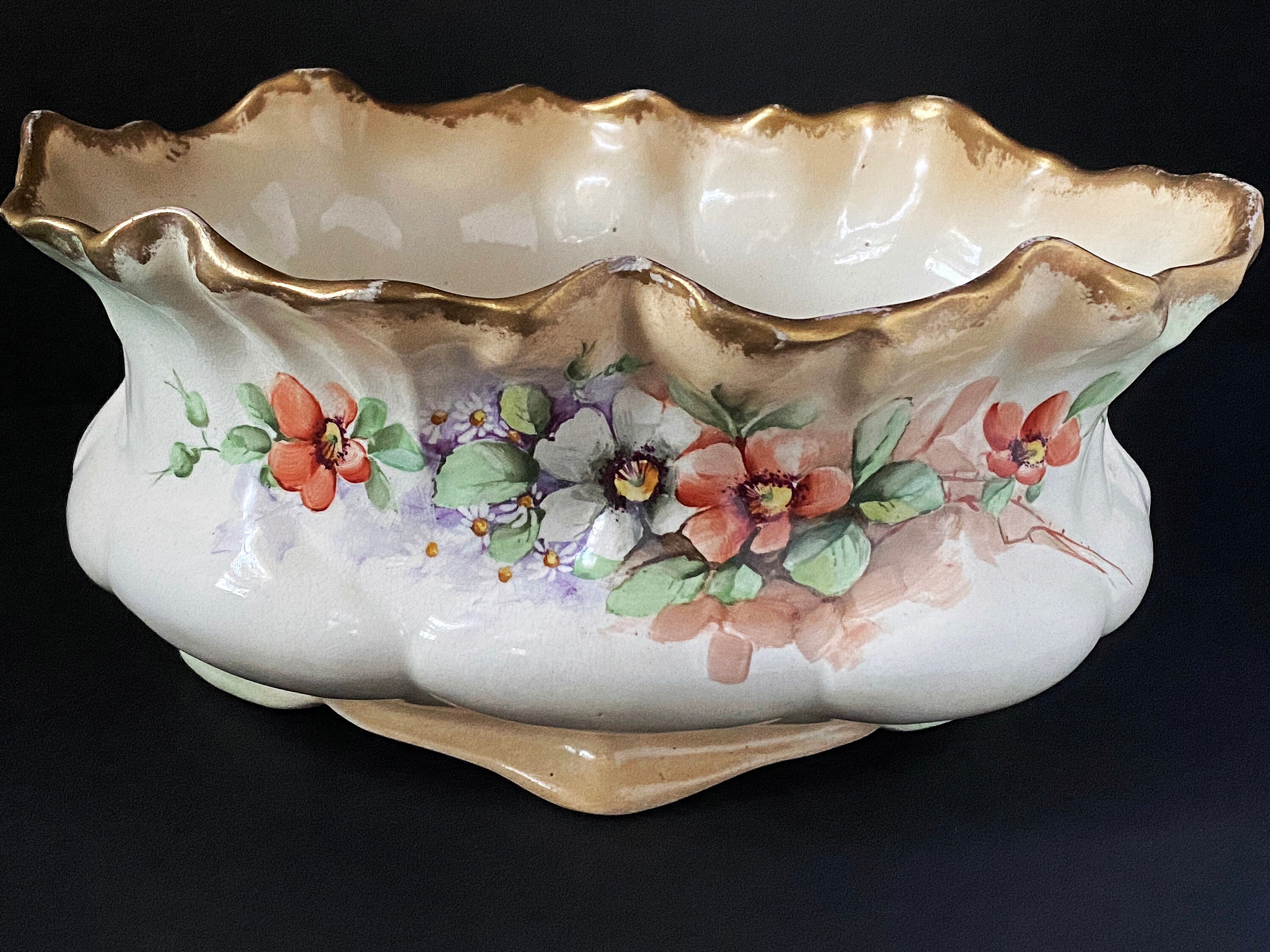 Antique Hand Painted Porcelain Footed Oval Bowl/Planter.  Signed. 1910.