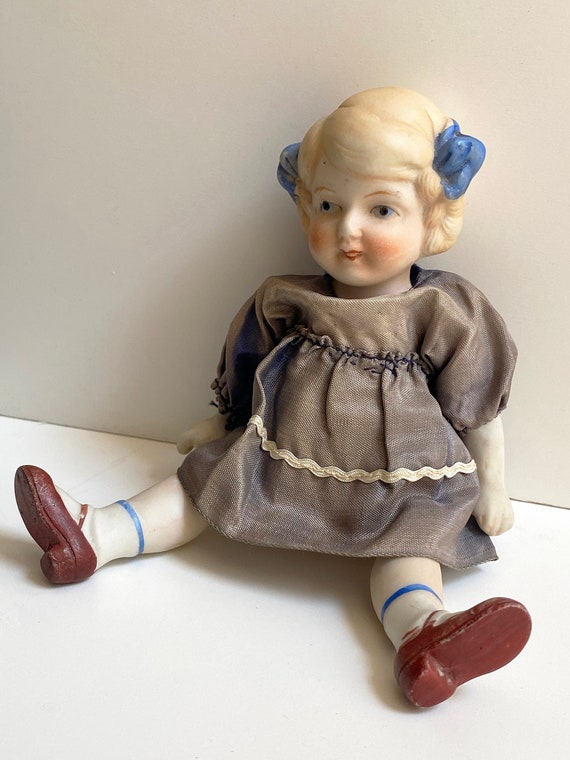 Porcelain Bisque Jointed Doll with Blonde Hair, and Red Shoes. Tall 6.5