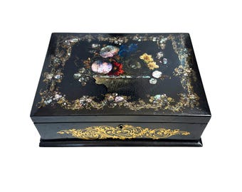 Antique Victorian Papier Mache Sewing Box, Mother of Pearl Inlay Silk Tray.