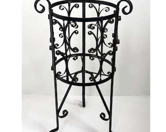Vintage Wrought Iron Plant Stand, Black Jardiniere with Elegant Scrollwork.