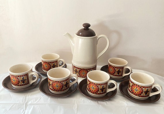 Vintage Coffee Set.  Mid Century Sadler Stoneware Border Mission Pattern.  Retro 70s Kitchen Decor.