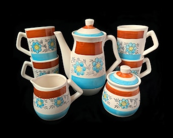Vintage Japanese MCM Tea Coffee Set c. 1960s Mid Century Modern Floral Pattern, Includes Teapot, Mugs, Creamer & Sugar Bowl