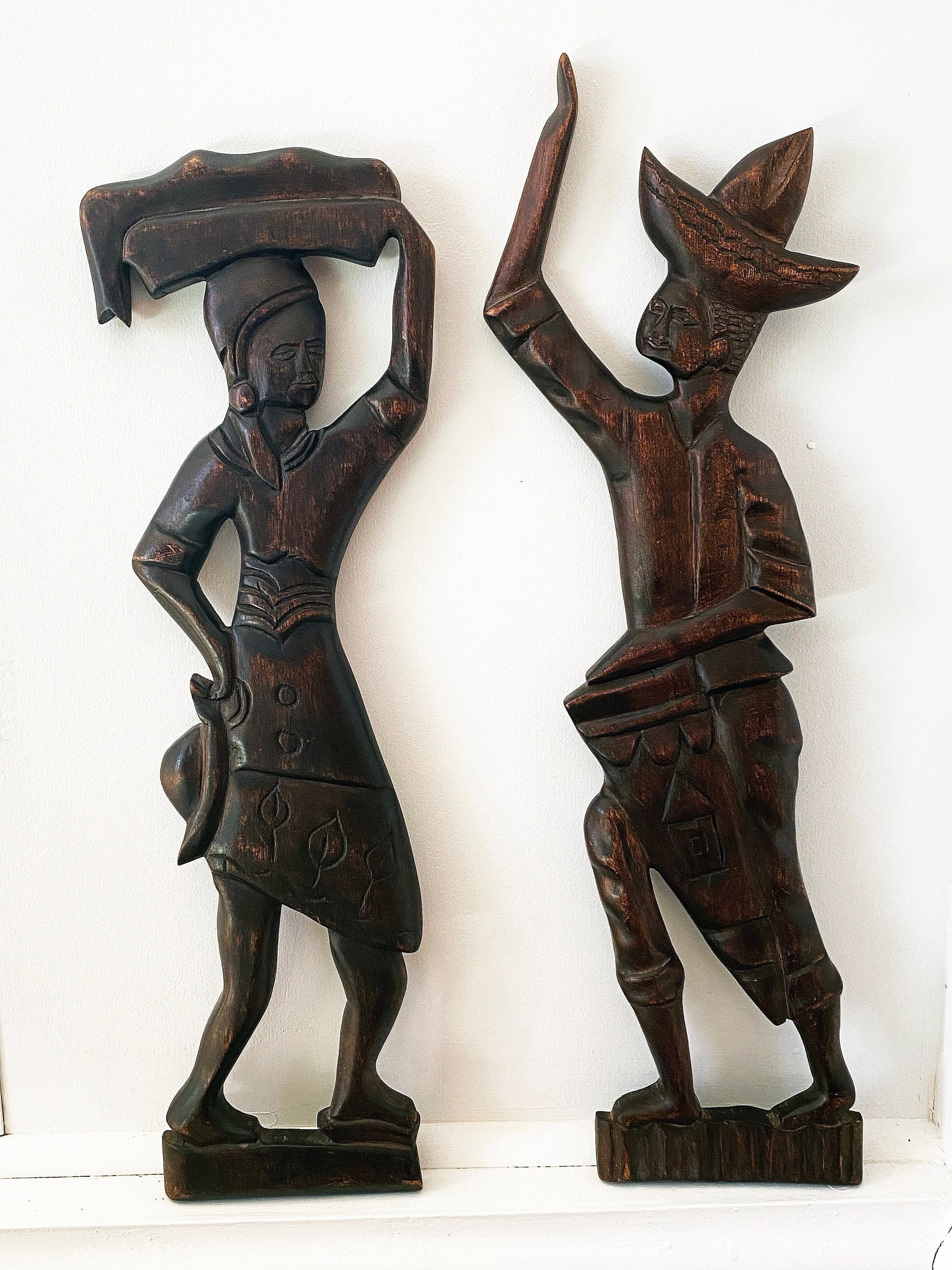 Vintage MCM Original Carved Wood Wall Decor.  Man with Drum.  Woman with Basket. Haitian Folk Art.