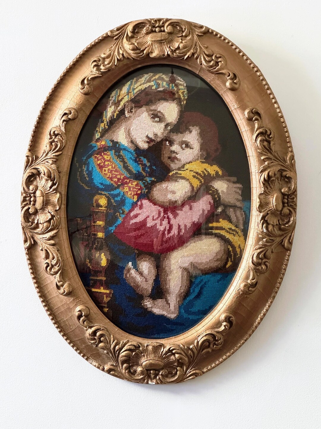 Vintage Religious Needlepoint in an Ornate Oval Bubble Glass Frame . 18 ...