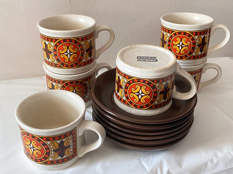 Vintage Coffee Set. Mid Century Sadler Stoneware Border Mission Pattern. Retro 70s Kitchen Decor. 画像 5
