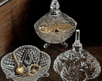 Vintage Crystal Pinwheel Jewelry Box Set, Hollywood Regency Vanity Decor.