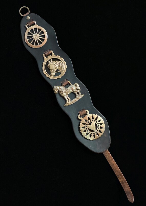 Vintage Equestrian Leather Strap With Brass Horse Medallions  display picture 1