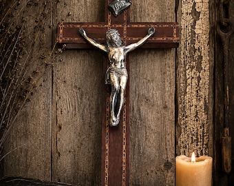 Vintage Wooden Wall Crucifix with Inlaid Wood.  Primitive Rustic Religious Decor.