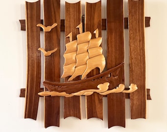 Vintage Mid Century Modern Wood Intarsia Sailing Ship Wall Art.  Nautical Decor.