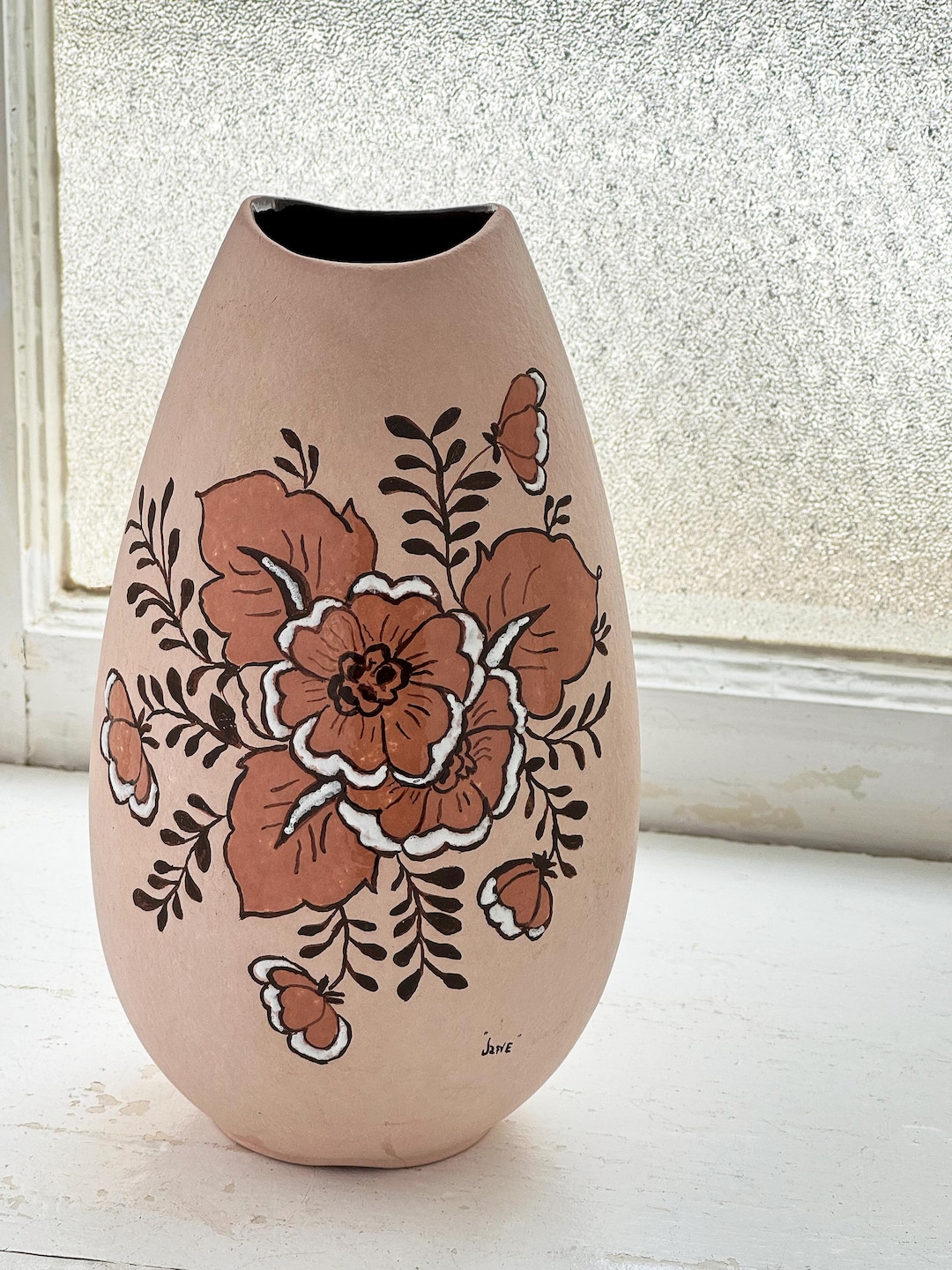 Mid Century Modern Ceramic Vase With Floral Motif. Signed 'jane