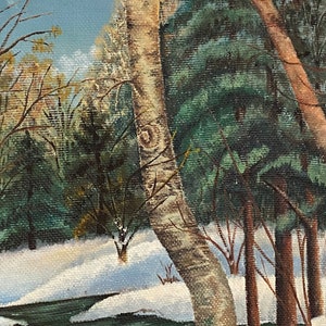 May include: A painting of a winter scene with a stream running through a snowy forest. The trees are bare and the snow is white. The stream is a dark green color and the sky is a light blue.