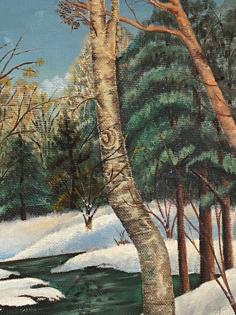 May include: A painting of a winter scene with a stream running through a snowy forest. The trees are bare and the snow is white. The stream is a dark green color and the sky is a light blue.