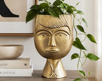 Mid-Century Modern Style Planter/Vase.  Gold Tone Metal Face / Contemporary Home Decor.