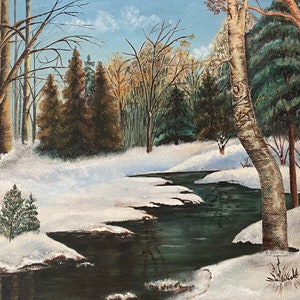 May include: A painting of a winter scene with a stream running through a snowy forest. The trees are bare and the snow is white. The stream is dark blue and the water is flowing. The painting is done in a realistic style.