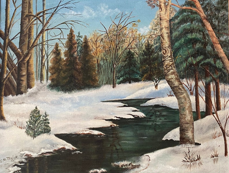 May include: A painting of a winter scene with a stream running through a snowy forest. The trees are bare and the snow is white. The stream is dark blue and the water is flowing. The painting is done in a realistic style.