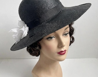 Vintage Marida Black Straw Wide Brim Hat, 1970s English Design with Floral Accent.