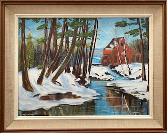 Mid Century Winter Landscape Painting.  Oil On Canvas Board. Signed.  1964.