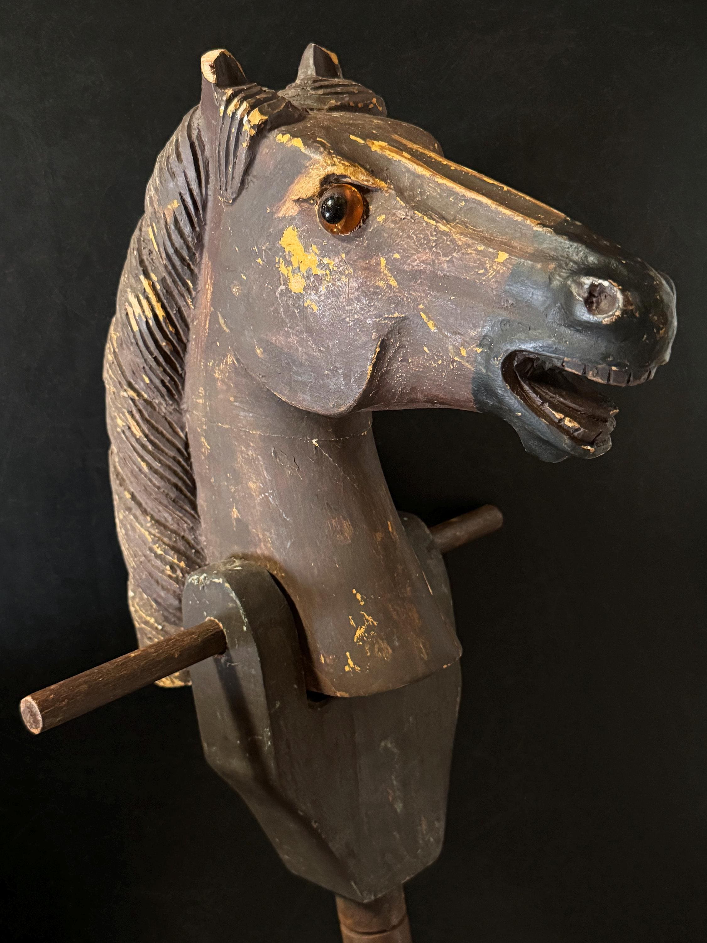 Antique Hobby Horse: Hand Carved Wood, Glass Eyes, Rustic Home Decor