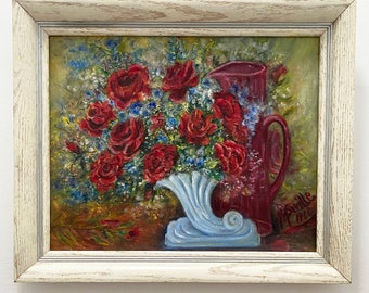 MCM Floral Still Life Impressionist Oil Painting by E.M. Saville. 1966.