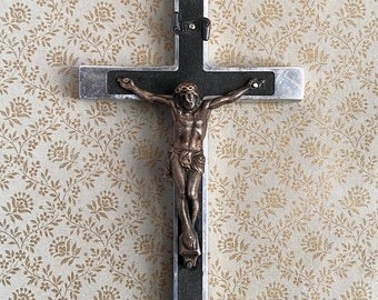 Large Antique Pectoral Crucifix.  Metal with Ebony Wood Inlay.