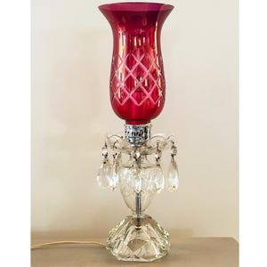 Vintage Cranberry Glass & Crystal Lamp 16" Tall.  Ruby Red Hollywood Regency Accent Lamp.