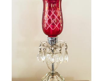 Vintage Cranberry Glass & Crystal Lamp 16" Tall.  Ruby Red Hollywood Regency Accent Lamp.