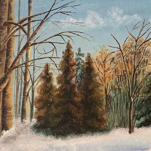 May include: A painting of a winter forest scene with bare trees and evergreens covered in snow. The sky is a light blue with some clouds.