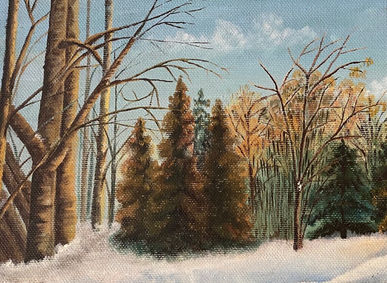 May include: A painting of a winter forest scene with bare trees and evergreens covered in snow. The sky is a light blue with some clouds.