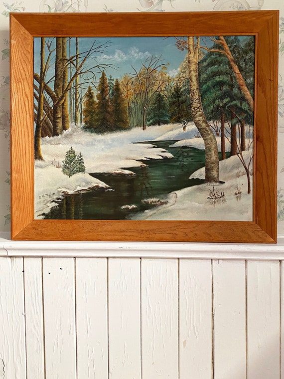 MCM Original Oil Painting.  Signed Winter Scene Landscape.