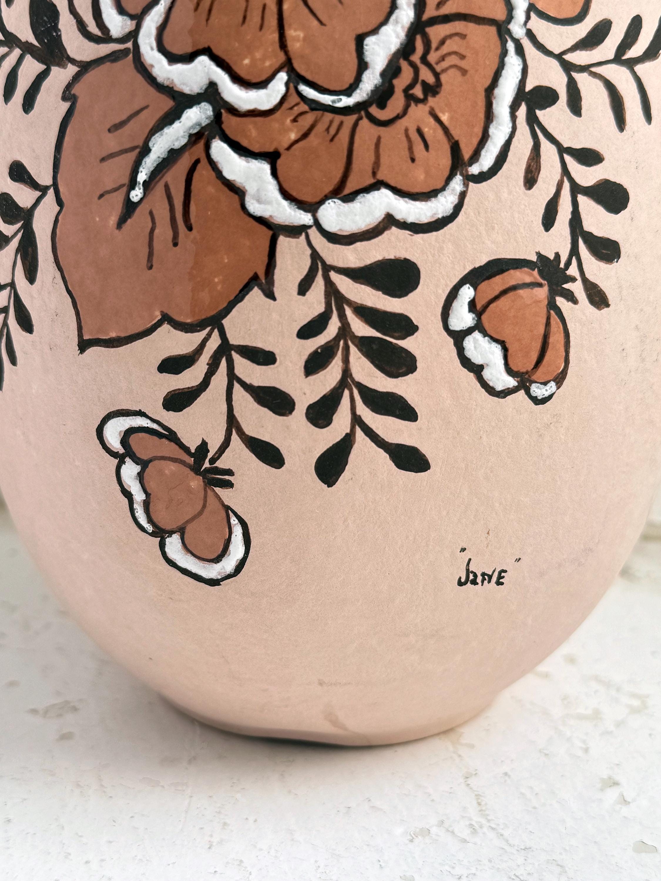 Mid Century Modern Ceramic Vase With Floral Motif. Signed 'jane