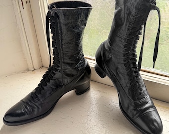 Victorian Boots.  Antique Black Leather Lace-Up Boots. Edwardian Gothic Decorative Display.