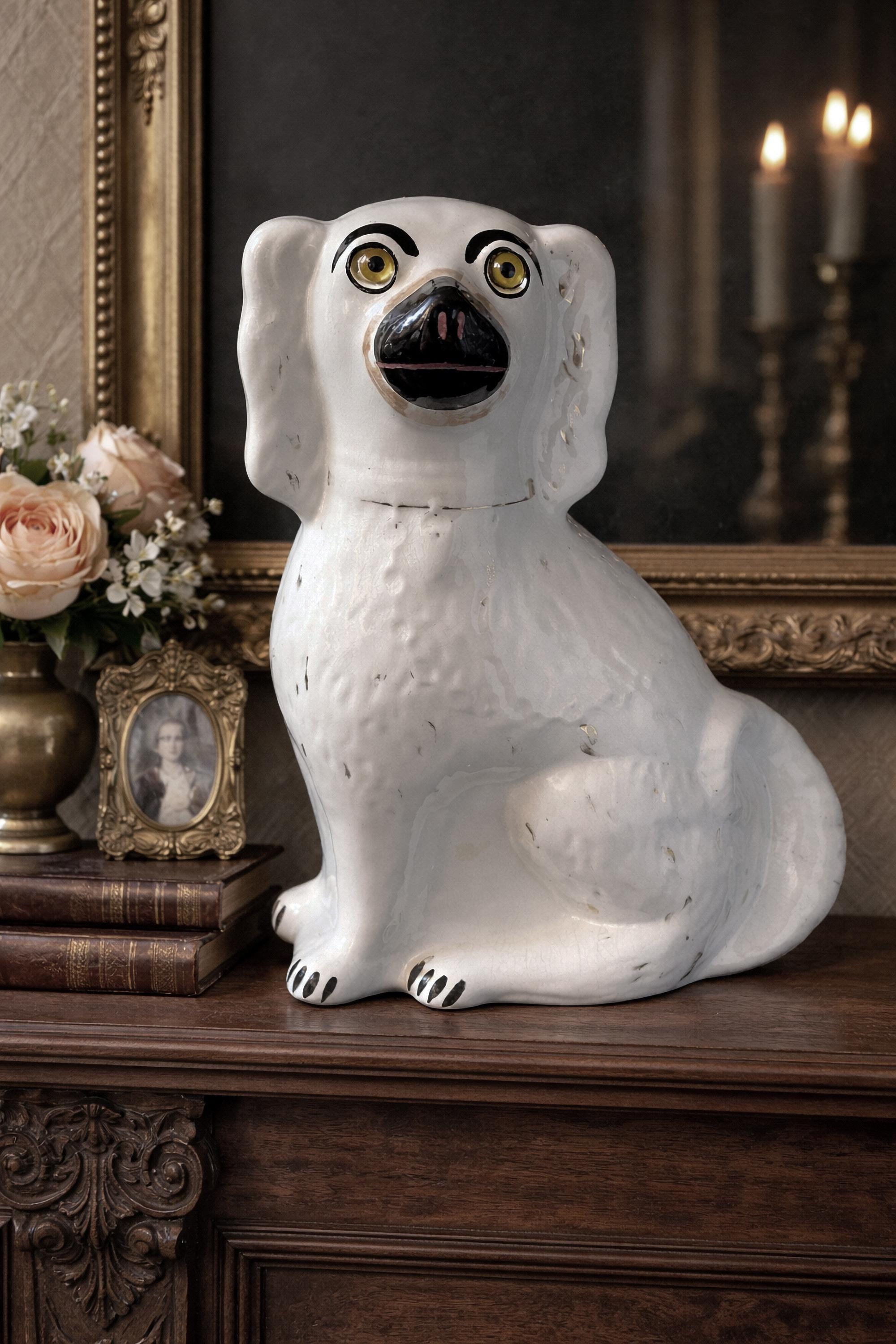Antique Staffordshire Porcelain Mantle Dog. Spaniel Statue With