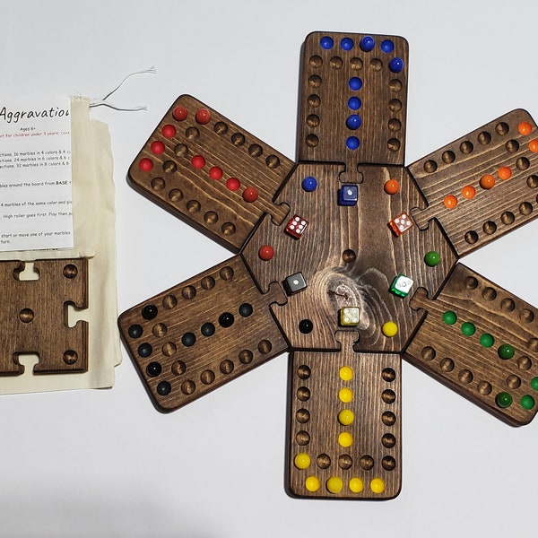Aggravation marble board game 2 3 4 5 6 players 17 inches across when assembled wood with 16mm glass marbles stained red oak glass marbles